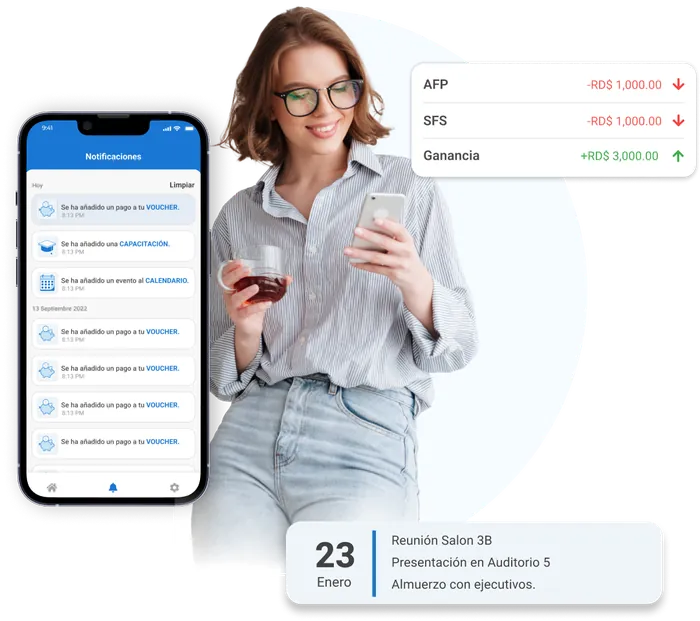 App móvil de Zehuri mostrando notificaciones de pagos y el desglose de AFP y SFS